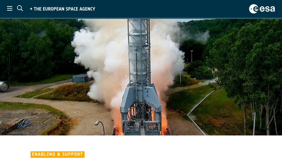 Screenshot of esa.int: Full ignition for ESA’s reusable rocket engine