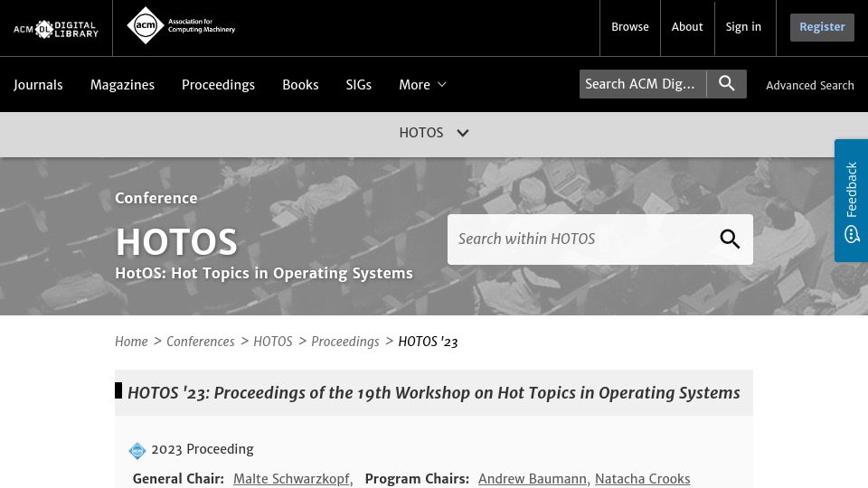 Screenshot of dl.acm.org: Proceedings of the 19th Workshop on Hot Topics in Operating Systems