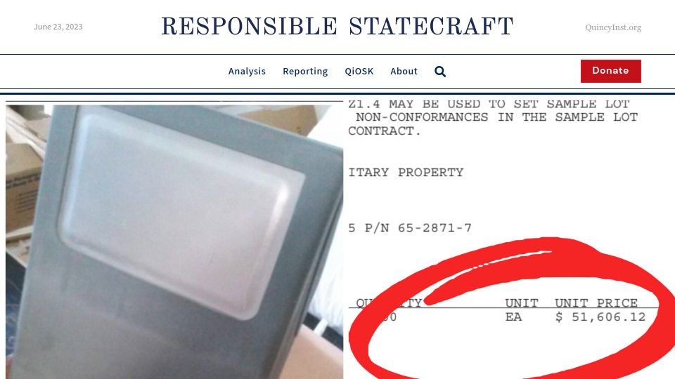 Screenshot of responsiblestatecraft.org: The Pentagon’s $52k trash can