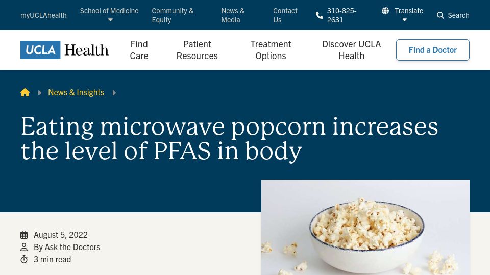 Screenshot of uclahealth.org: Eating microwave popcorn increases the level of PFAS in body (2022)