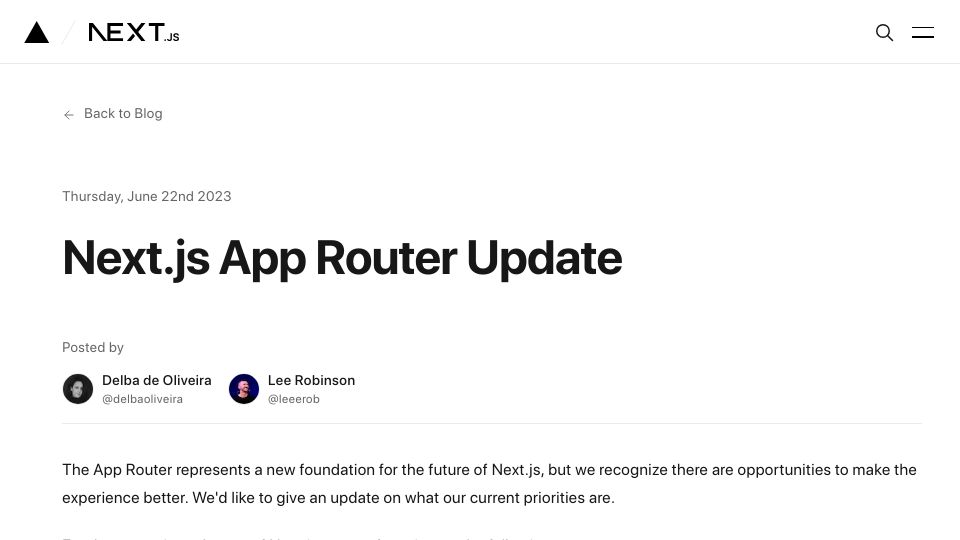 Screenshot of nextjs.org: Next.js App Router Update