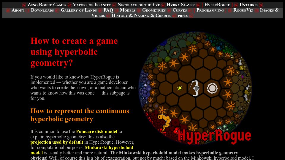 Screenshot of roguetemple.com: How to create a game using hyperbolic geometry? (2020)
