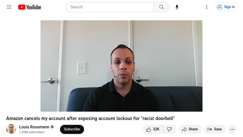 Screenshot of youtube.com: Amazon cancels my account after exposing account lockout for “racist doorbell” [video]