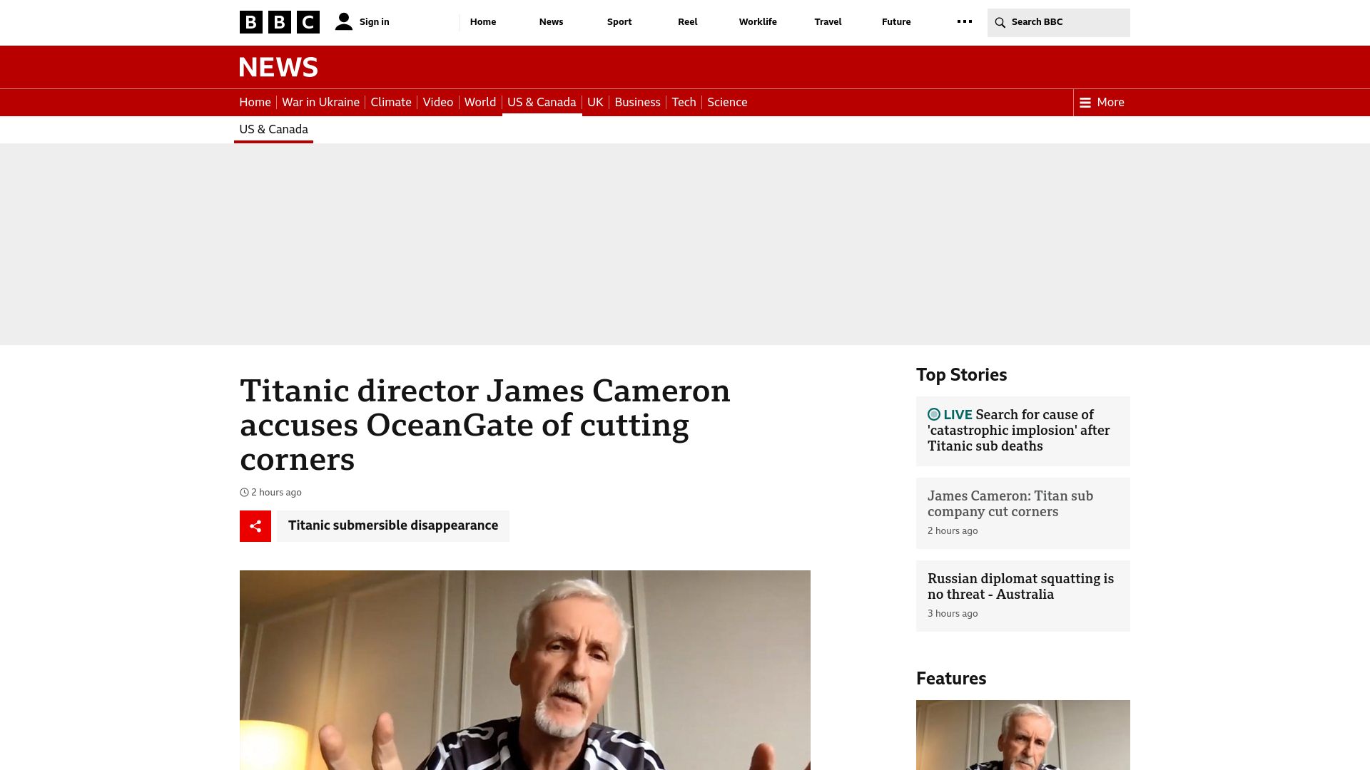 Screenshot of bbc.com: Titanic director James Cameron accuses OceanGate of cutting corners