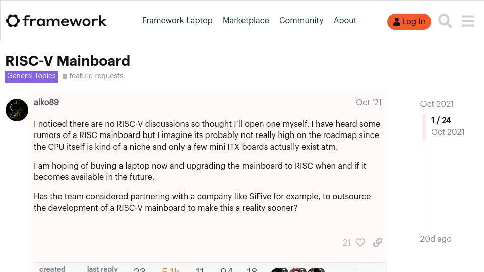 Screenshot of community.frame.work: Framework Laptop feature requests – RISC-V Mainboard (2021)