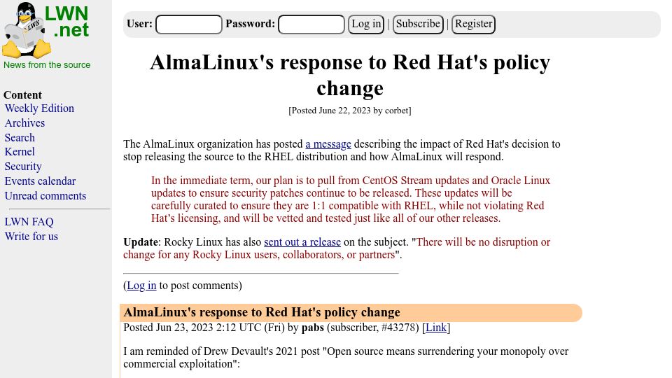 Screenshot of lwn.net: AlmaLinux's response to Red Hat's policy change