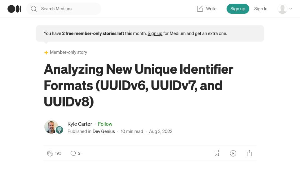 Screenshot of blog.devgenius.io: Analyzing New Unique Identifier Formats (UUIDv6, UUIDv7, and UUIDv8) (2022)