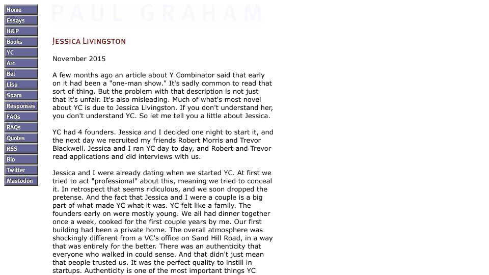 Screenshot of paulgraham.com: Jessica Livingston (2015)