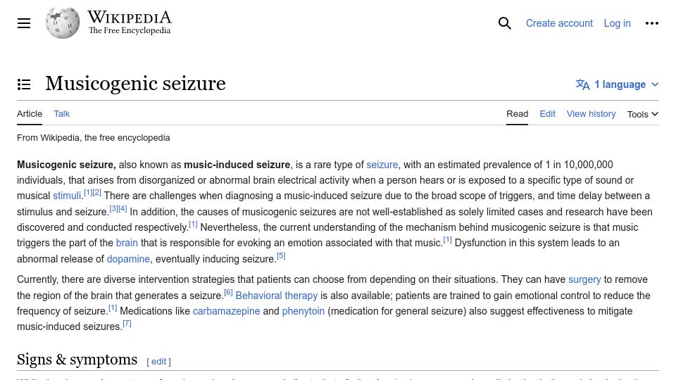 Screenshot of en.wikipedia.org: Musicogenic seizure