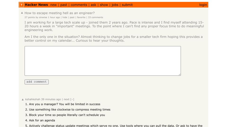 Screenshot of Hacker News post: How to escape meeting hell as an engineer?