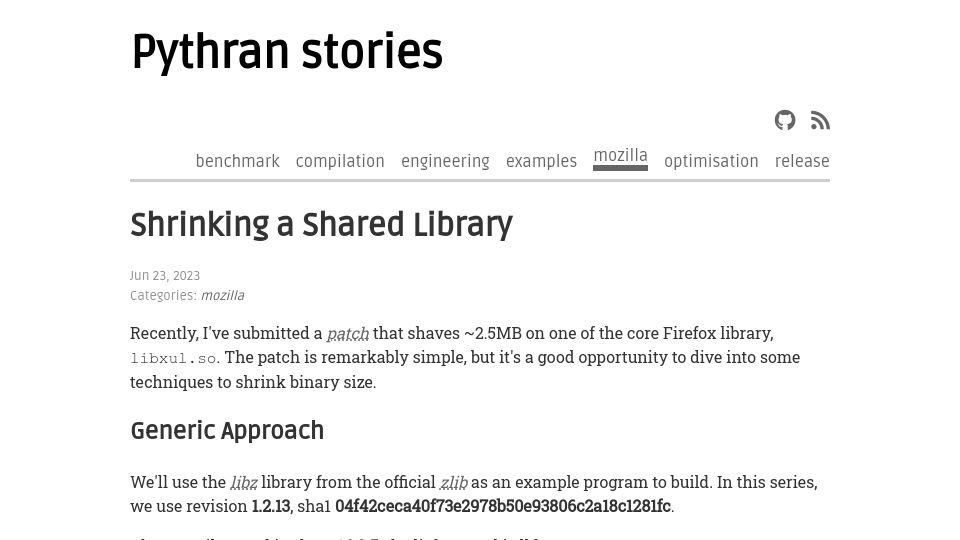Screenshot of serge-sans-paille.github.io: Shrinking a shared library