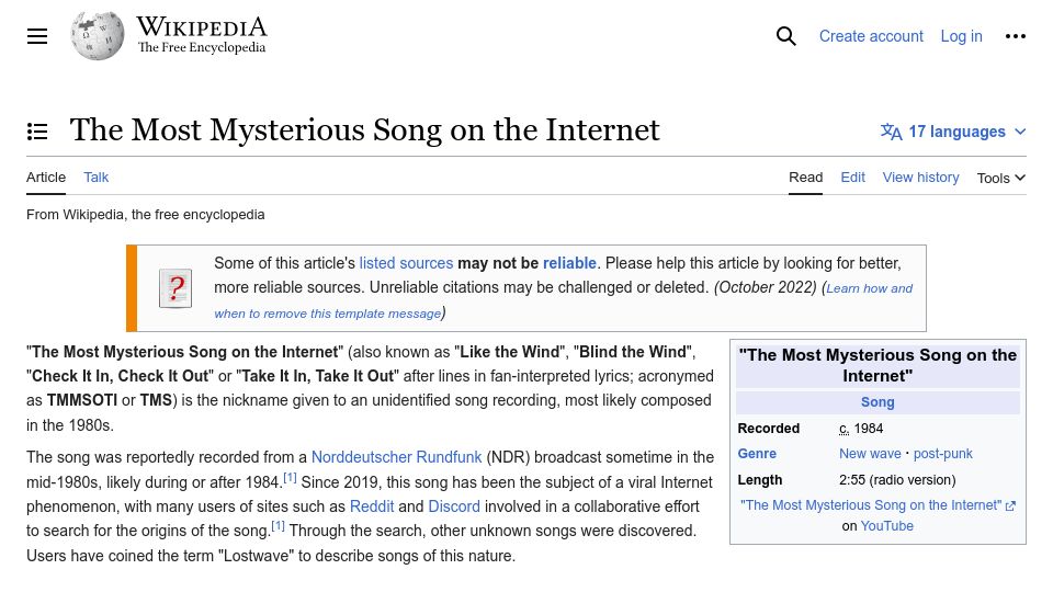 Screenshot of en.wikipedia.org: The Most Mysterious Song on the Internet