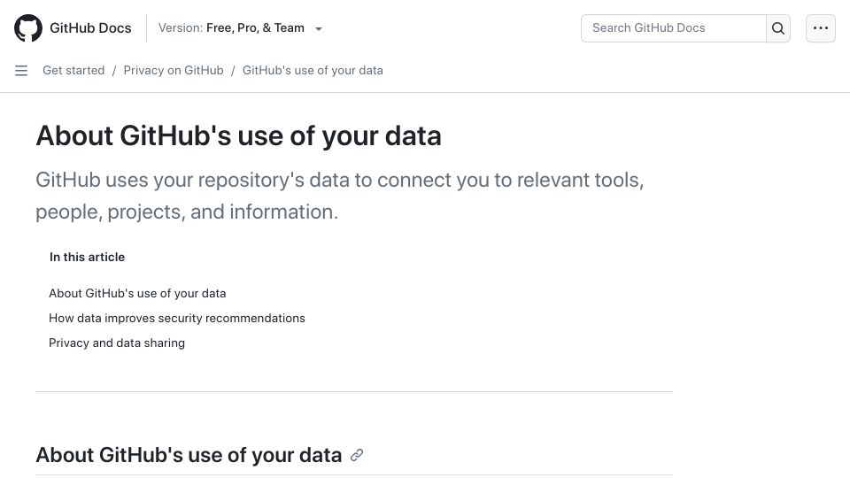 Screenshot of docs.github.com: About GitHub’s use of your data