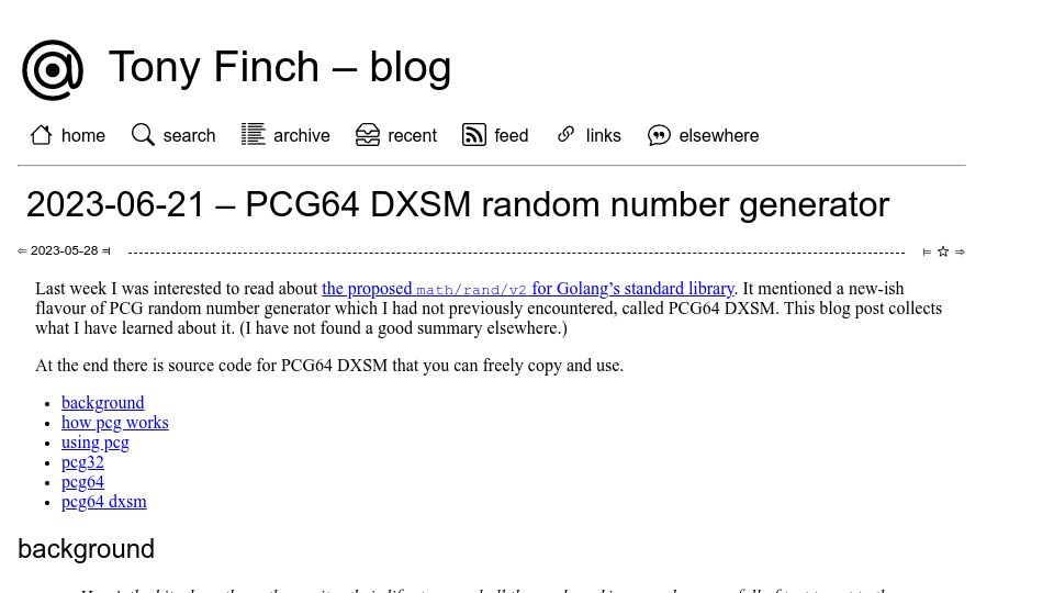 Screenshot of dotat.at: The PCG64 DXSM random number generator