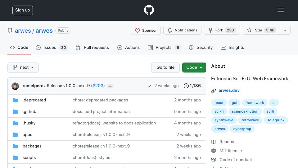 Screenshot of github.com: Arwes: Futuristic Sci-Fi UI Web Framework
