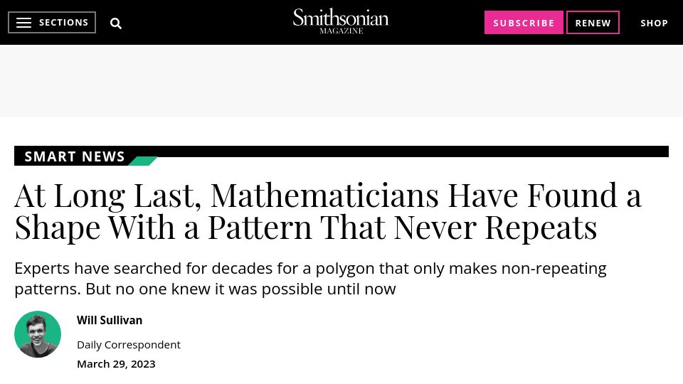 Screenshot of smithsonianmag.com: Mathematicians Have Found a Shape with a Pattern That Never Repeats