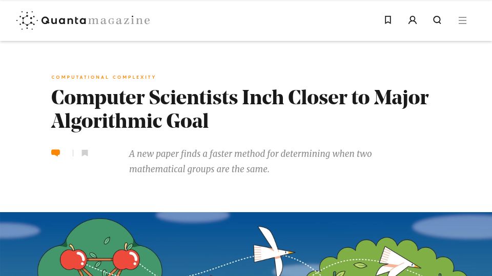 Screenshot of quantamagazine.org: A new, faster algorithm for the group isomorphism problem