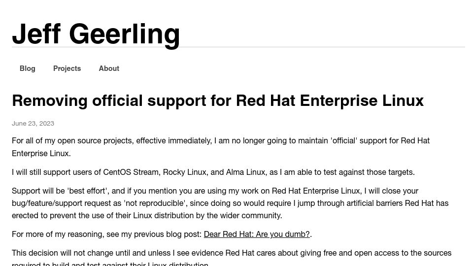 Screenshot of jeffgeerling.com: Removing Official Support for Red Hat Enterprise Linux