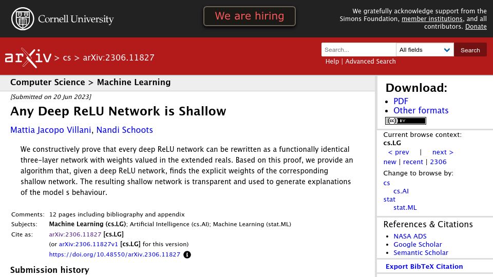 Screenshot of arxiv.org: Any Deep ReLU Network Is Shallow
