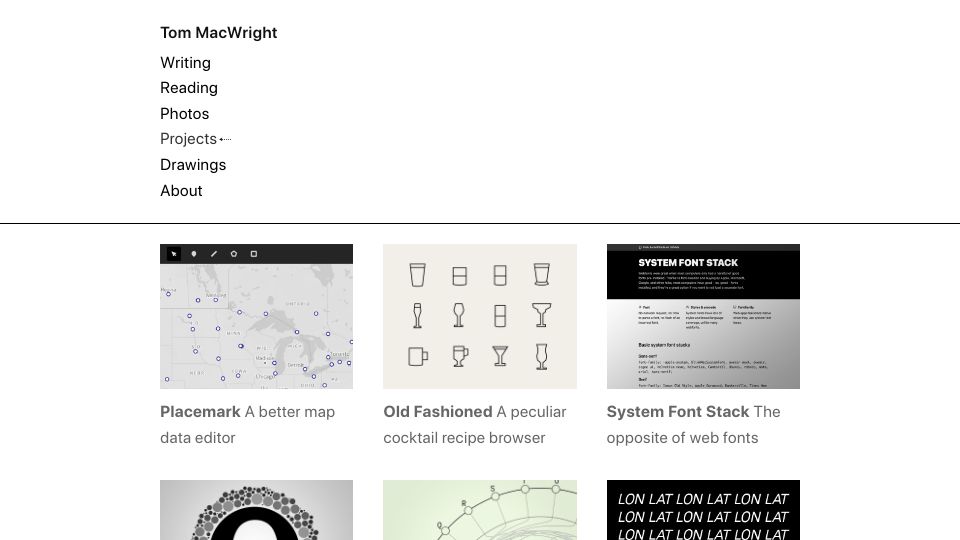 Screenshot of macwright.com: Tom MacWright's Projects