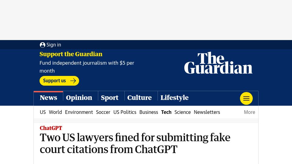 Screenshot of theguardian.com: Two US lawyers fined for submitting fake court citations from ChatGPT