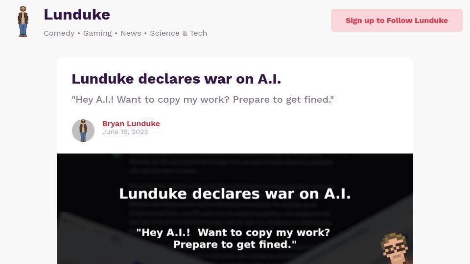 Screenshot of lunduke.locals.com: Lunduke Declares War on A.I