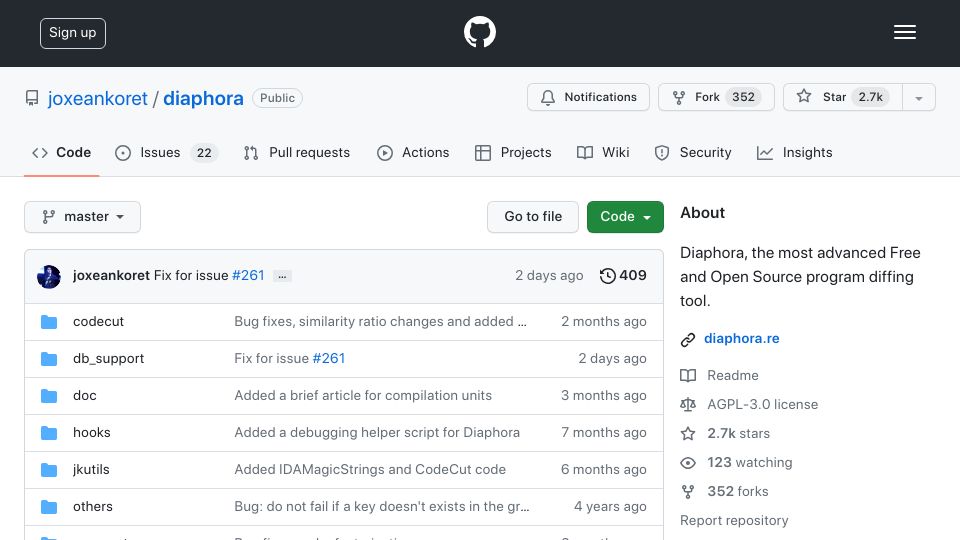 Screenshot of github.com: Diaphora: an open-source program diffing IDA plugin