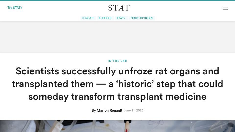 Screenshot of statnews.com: Scientists unfroze rat organs and transplanted them