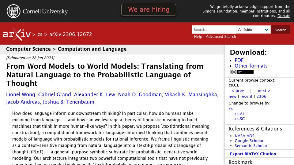 Screenshot of arxiv.org: From word models to world models