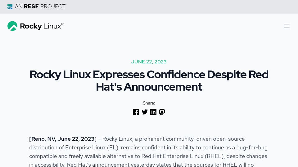 Screenshot of rockylinux.org: Rocky Linux Expresses Confidence Despite Red Hat's Announcement