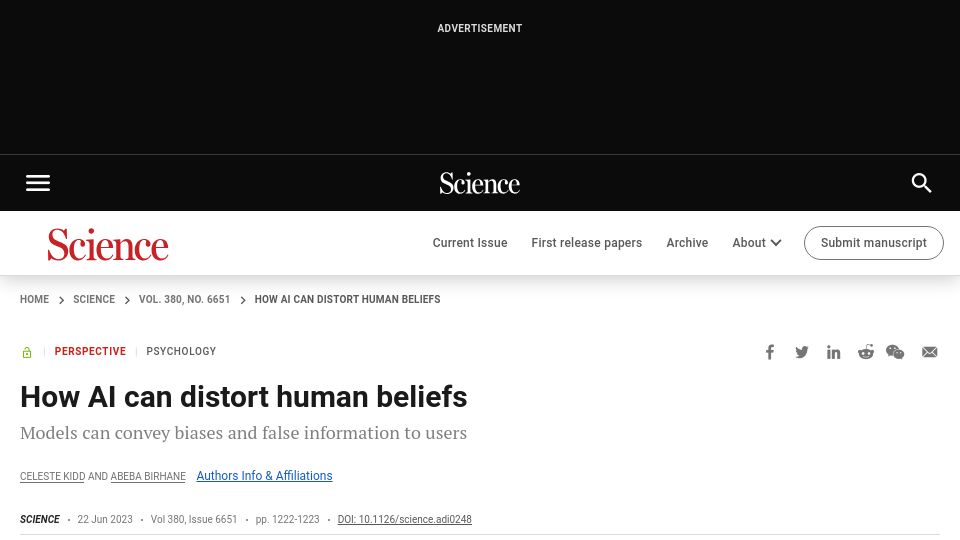 Screenshot of science.org: How AI can distort human beliefs
