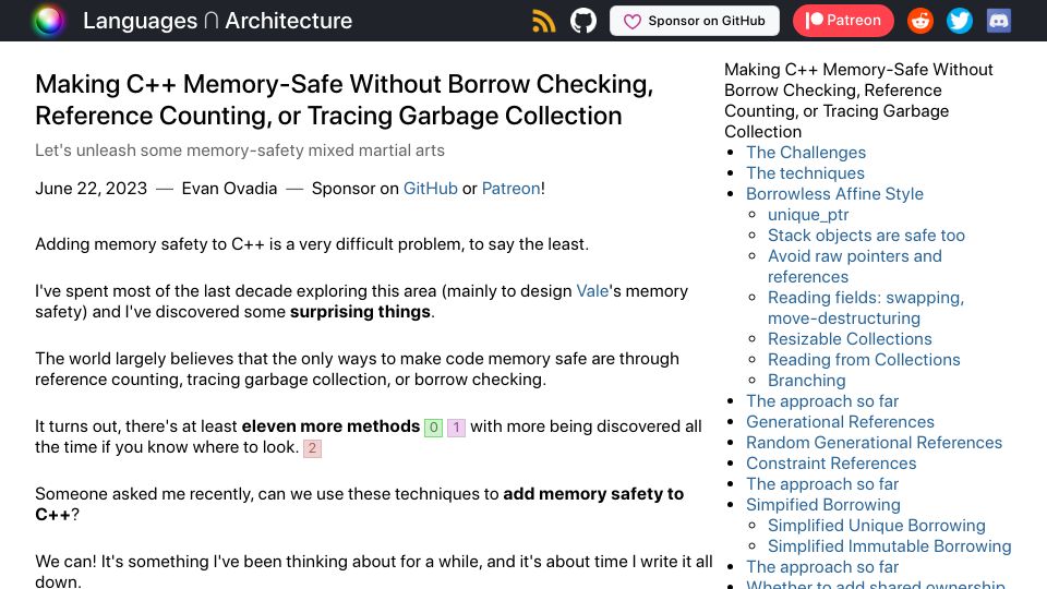 Screenshot of verdagon.dev: Making C++ safe without borrow checking, reference counting, or tracing GC
