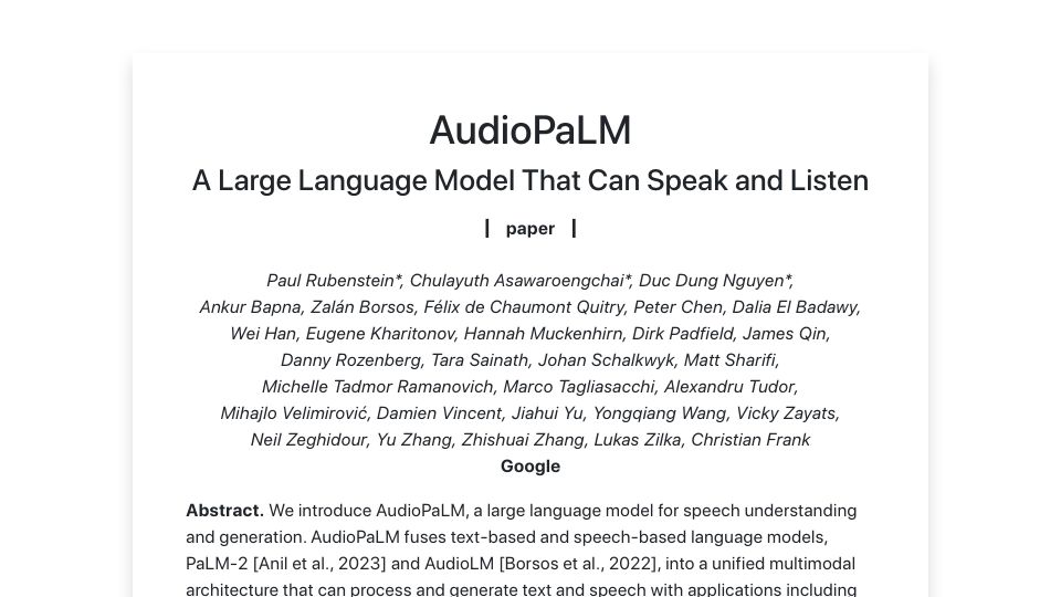 Screenshot of google-research.github.io: AudioPaLM: A Large Language Model That Can Speak and Listen