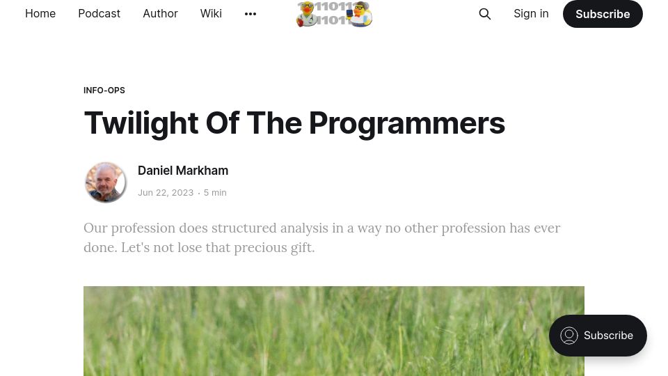 Screenshot of danielbmarkham.com: Twilight of the programmers?