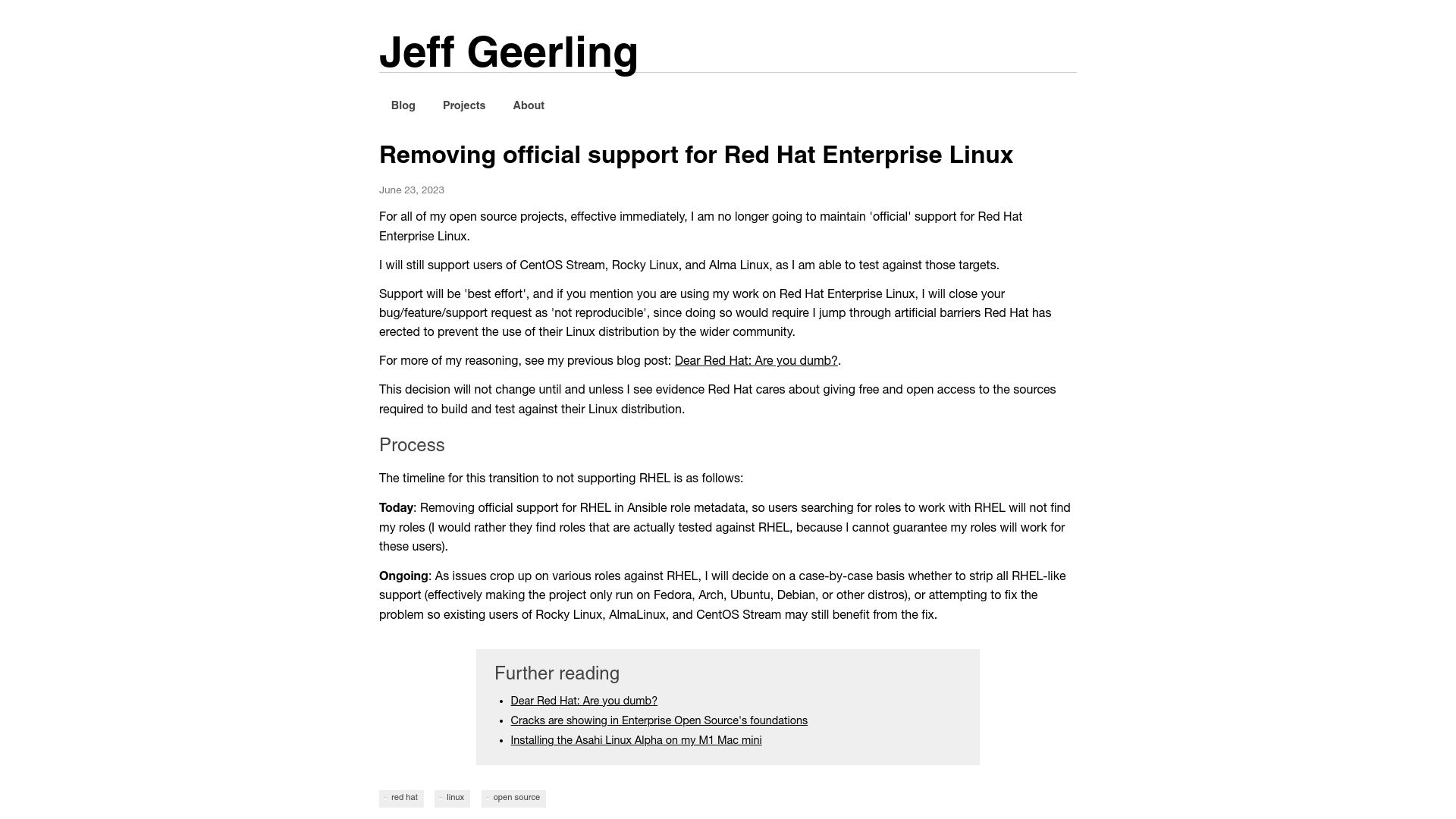 Screenshot of jeffgeerling.com: Removing Official Support for Red Hat Enterprise Linux