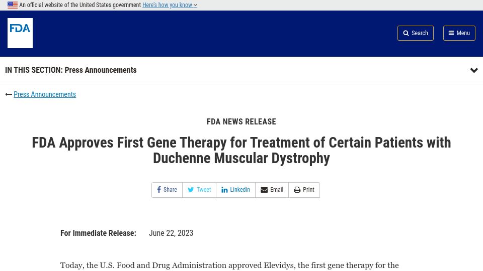 Screenshot of fda.gov: FDA approves first gene therapy treatment of Duchenne muscular dystrophy
