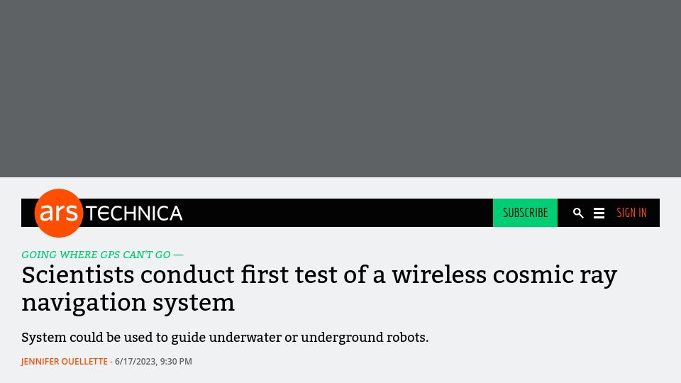 Screenshot of arstechnica.com: Scientists conduct first test of a wireless cosmic ray navigation system
