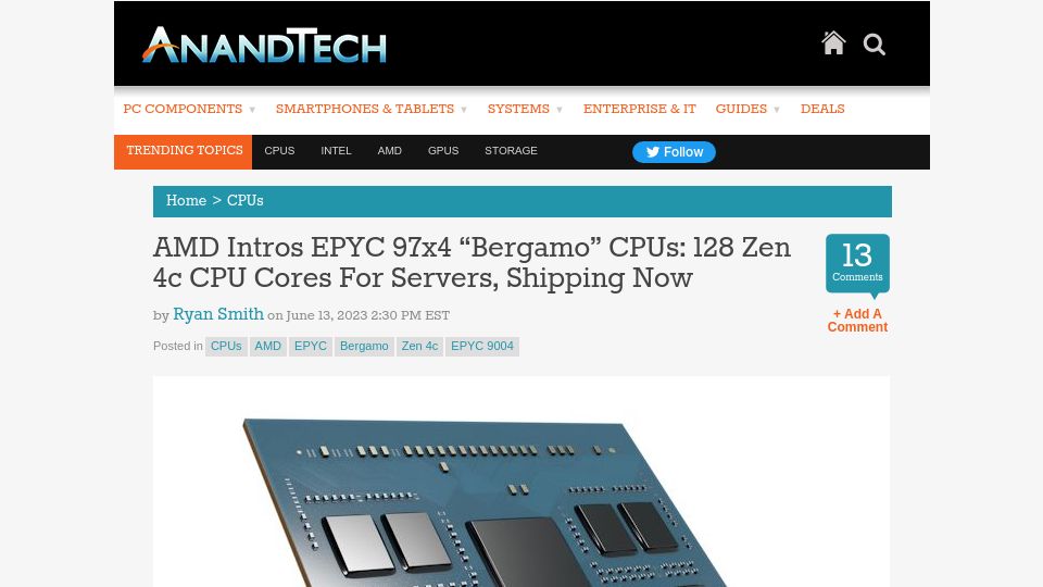 Screenshot of anandtech.com: AMD EPYC 97x4 “Bergamo” CPUs: 128 Zen 4c CPU Cores for Servers, Shipping Now