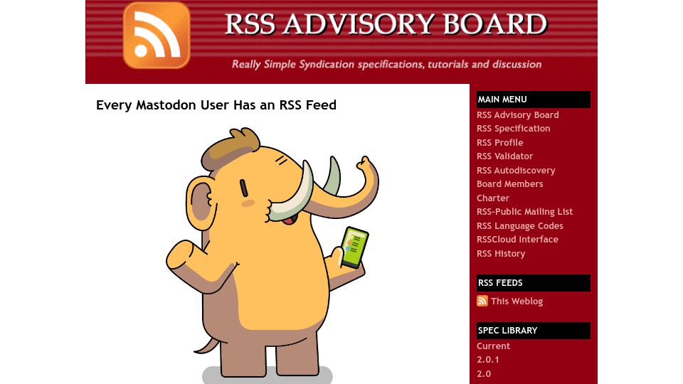 Screenshot of rssboard.org: Every Mastodon user has an RSS feed