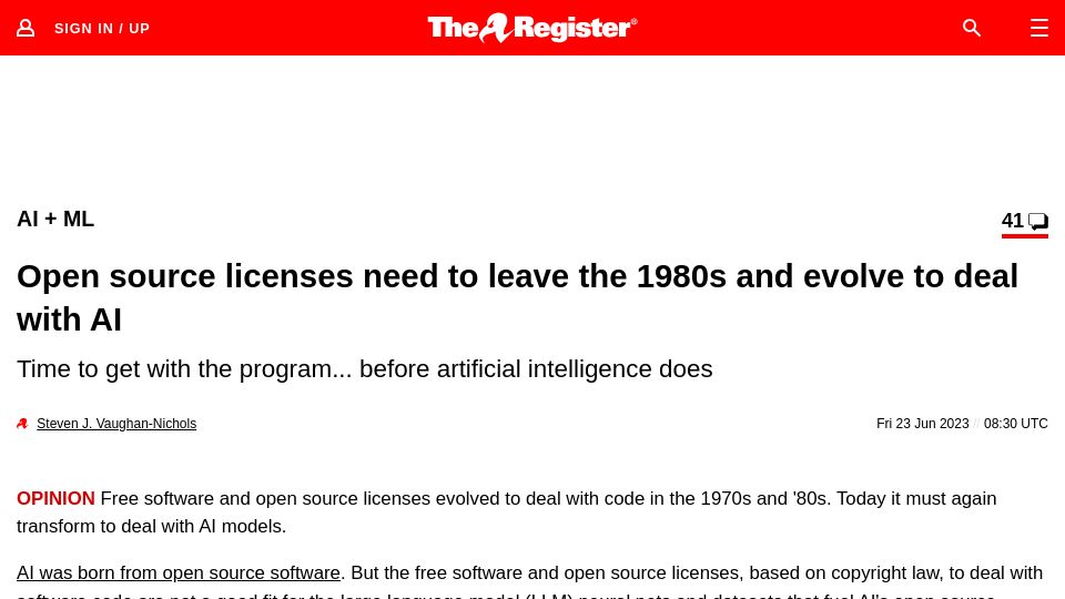 Screenshot of theregister.com: Open source licenses need to leave the 1980s and evolve to deal with AI