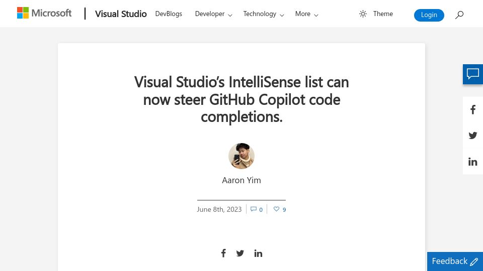Screenshot of devblogs.microsoft.com: Visual Studio’s IntelliSense list can now steer GitHub Copilot code completions