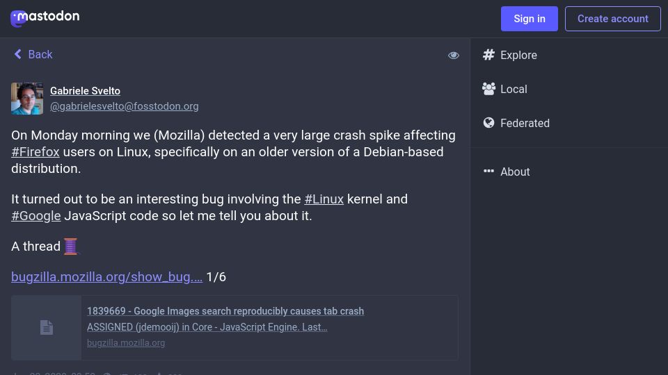 Screenshot of fosstodon.org: A large crash spike affecting Firefox users on Linux