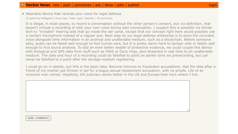 Screenshot of Hacker News post: Wearable device that records your voice for legal defense