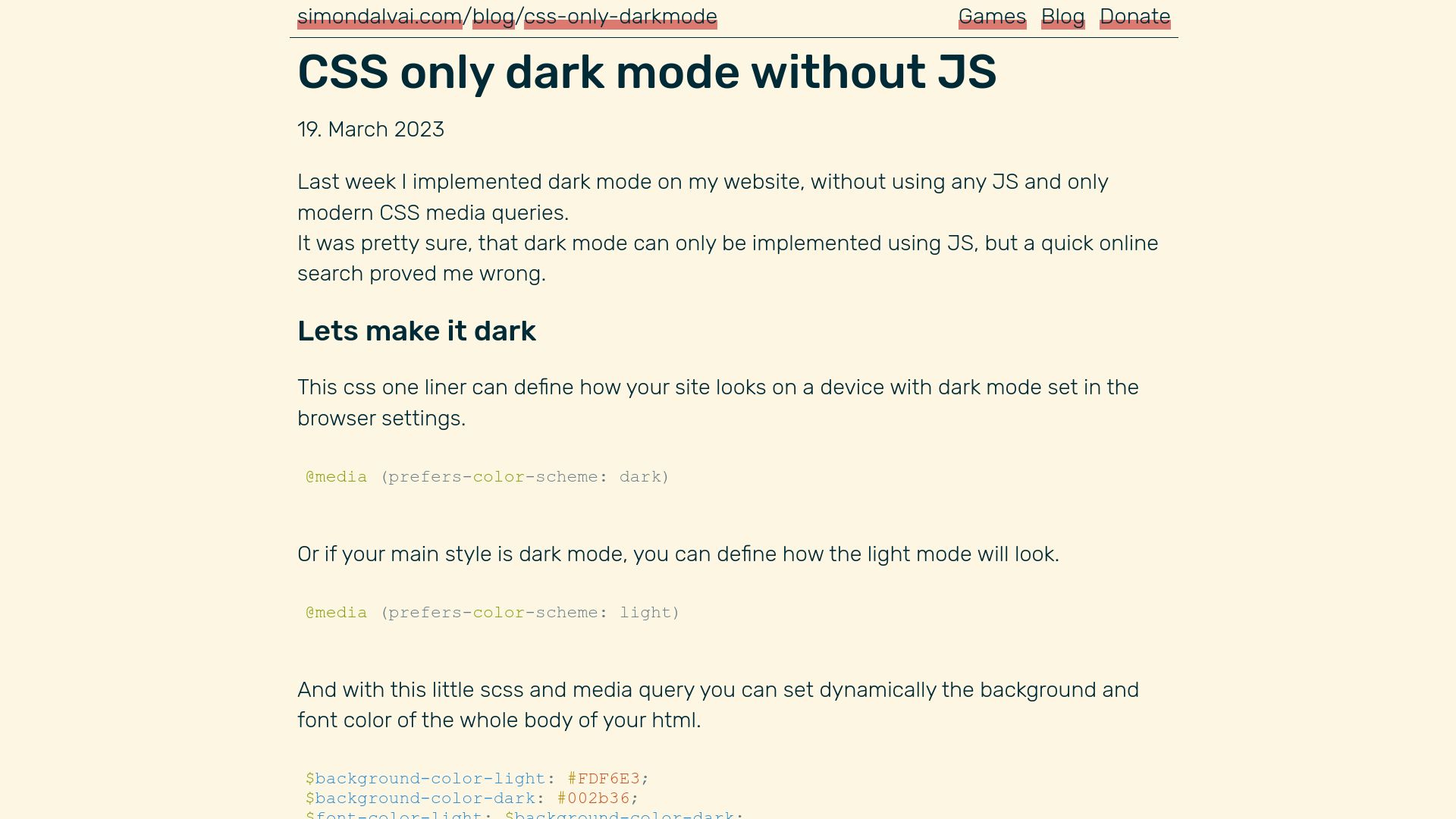 Screenshot of simondalvai.com: CSS Only dark mode without JS