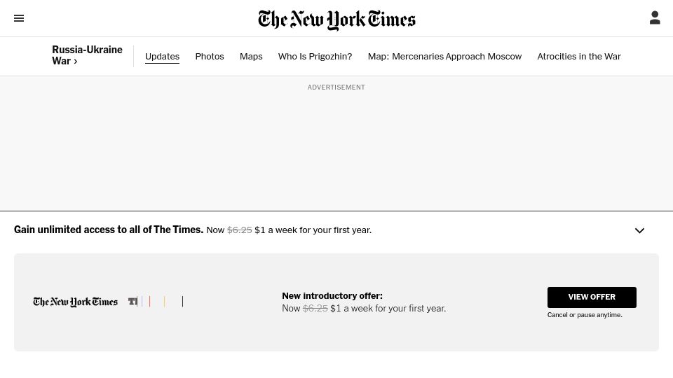 Screenshot of nytimes.com: Russian paramilitary chief says his forces will turn around