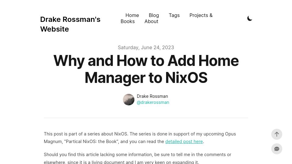 Screenshot of drakerossman.com: Why and how to add Home Manager to NixOS