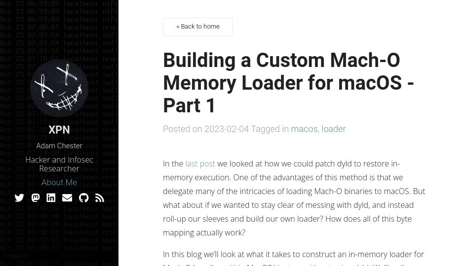 Screenshot of blog.xpnsec.com: Building a Custom Mach-O Memory Loader for macOS