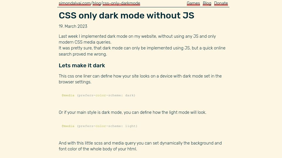 Screenshot of simondalvai.com: CSS Only dark mode without JS