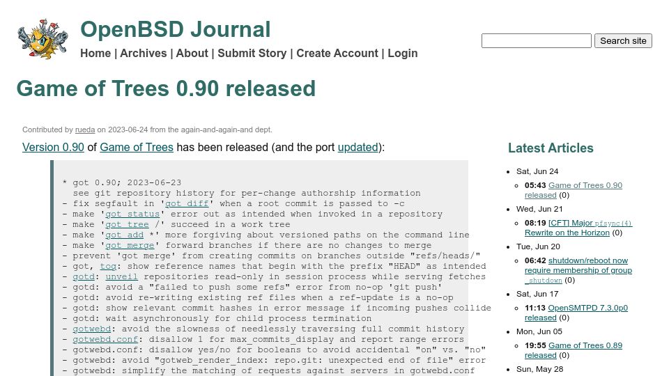 Screenshot of undeadly.org: OpenBSD: Game of Trees 0.90 Released