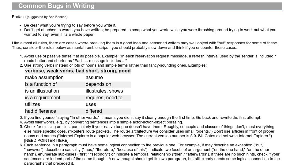 Screenshot of cs.columbia.edu: Common Bugs in Writing (2021)